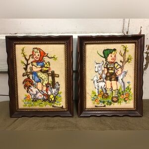 Vintage Set (2) Hummel Crewel Stitchery Chickens Goat Cottage-core Wood frame